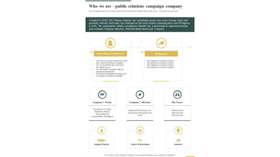Pr Strategy Proposal Who We Are Public Relations Campaign Company One Pager Sample Example Document