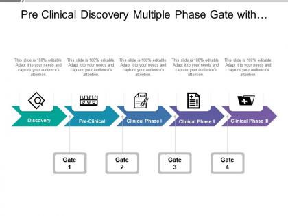 Pre clinical discovery multiple phase gate with horizontal arrows and icons
