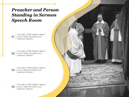 Preacher and person standing in sermon speech room