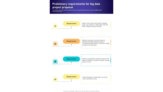 Preliminary Requirements For Big Data Project Proposal One Pager Sample Example Document