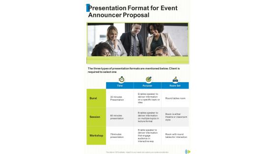 Presentation Format For Event Announcer Proposal One Pager Sample Example Document