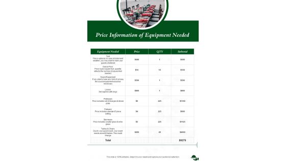 Price Information Of Equipment Needed One Pager Sample Example Document