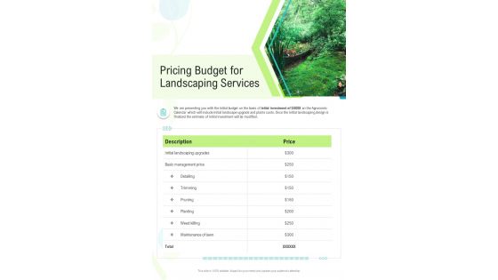 Pricing Budget For Landscaping Services One Pager Sample Example Document