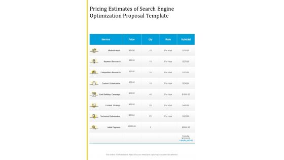 Pricing Estimates Of Search Engine Optimization Proposal Template One Pager Sample Example Document