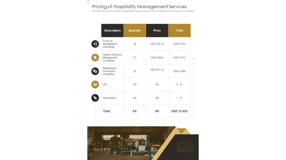 Pricing Of Hospitality Management Services One Pager Sample Example Document