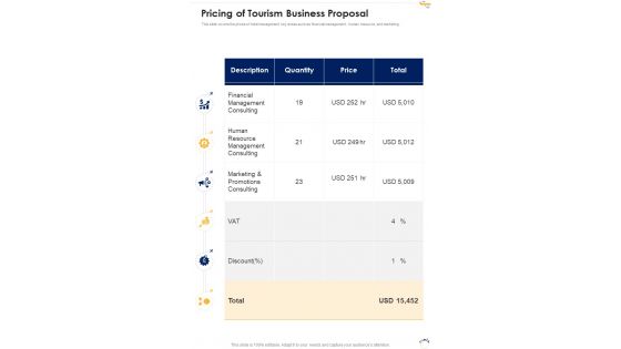 Pricing Of Tourism Business Proposal One Pager Sample Example Document