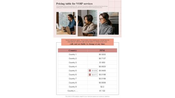 Pricing Table For VOIP Services VOIP Request Proposal One Pager Sample Example Document