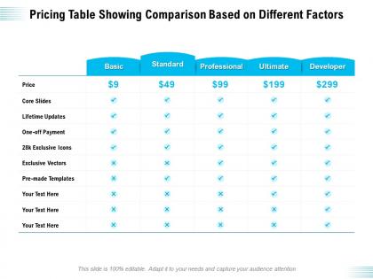 Pricing table showing comparison based on different factors