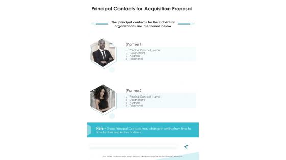 Principal Contacts For Acquisition Proposal One Pager Sample Example Document