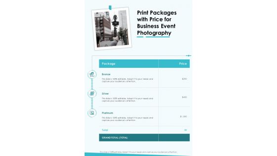 Print Packages With Price For Business Event Photography One Pager Sample Example Document