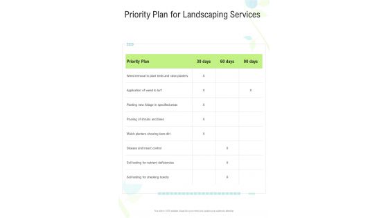 Priority Plan For Landscaping Services One Pager Sample Example Document
