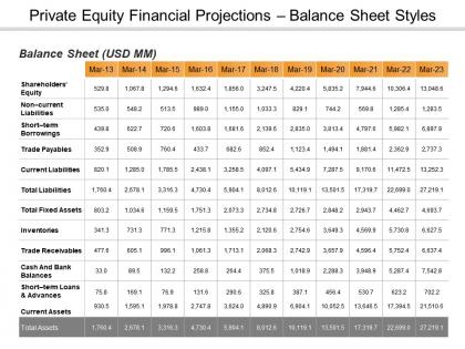Private equity financial projections balance sheet ppt slide styles