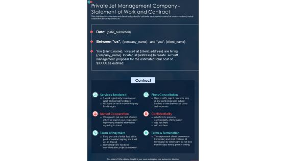 Private Jet Management Company Statement Of Work One Pager Sample Example Document
