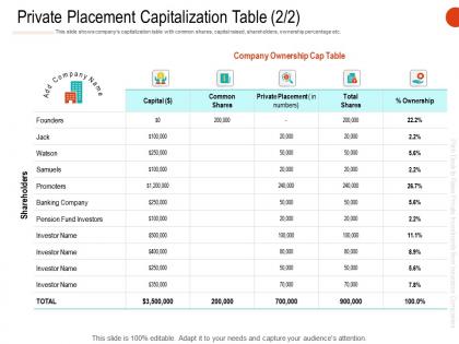 Private placement capitalization table promoters ppt powerpoint background image