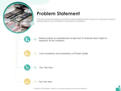Problem statement cosmetic product investor funding elevator ppt slides outfit
