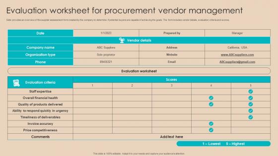 Procurement Negotiation Strategies Evaluation Worksheet For Procurement Vendor Strategy SS V