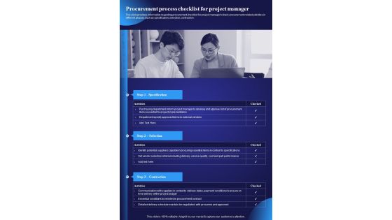 Procurement Process Checklist For Project Manager Playbook One Pager Sample Example Document