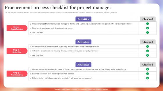 Procurement Process Checklist For Project Manager Project Excellence Playbook For Managers