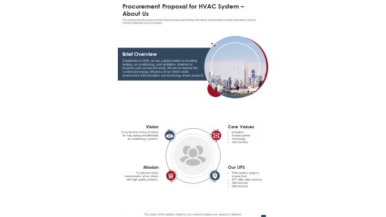 Procurement Proposal For Hvac System About Us One Pager Sample Example Document