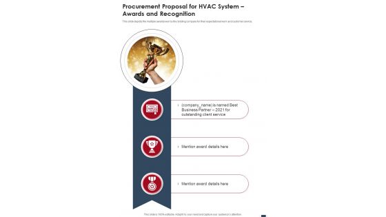 Procurement Proposal For Hvac System Awards And Recognition One Pager Sample Example Document