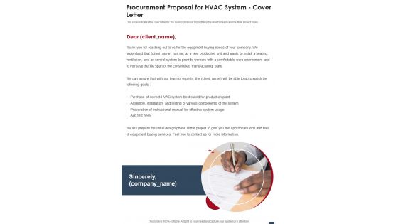 Procurement Proposal For Hvac System Cover Letter One Pager Sample Example Document