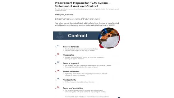 Procurement Proposal For Hvac System Statement Of Work And Contract One Pager Sample Example Document