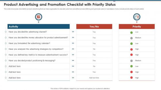 Product Advertising And Promotion Checklist With Priority Status