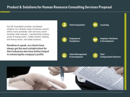 Product and solutions for human resource consulting services proposal ppt grid