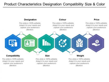 Product characteristics designation compatibility size and color