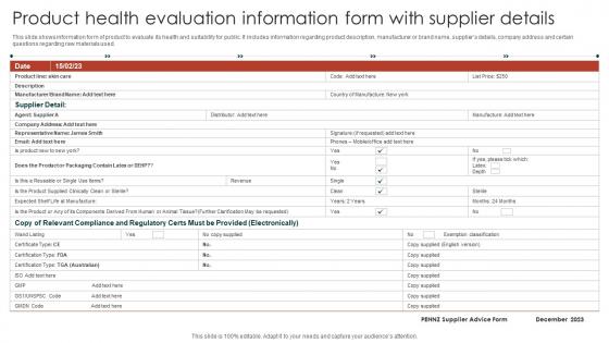 Product Health Evaluation Information Form With Supplier Details