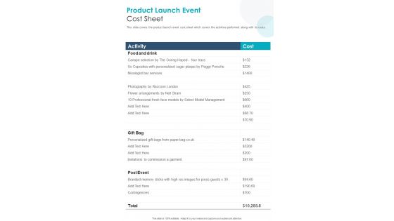 Product Launch Event Cost Sheet One Pager Sample Example Document