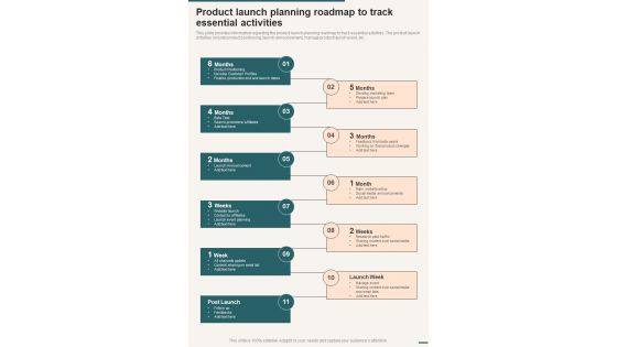 Product Launch Planning Roadmap To Track Essential Activities One Pager Sample Example Document