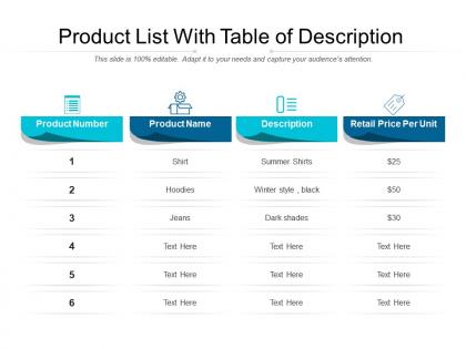 Product list with table of description
