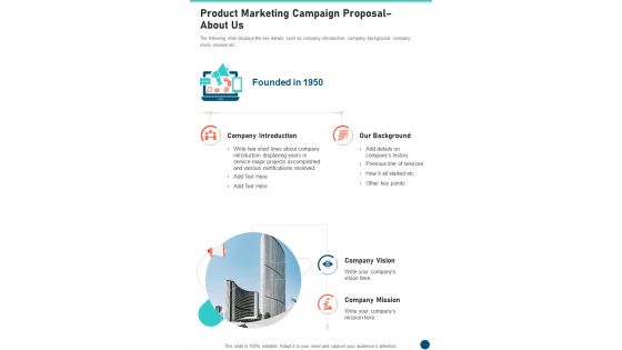 Product Marketing Campaign Proposal About Us One Pager Sample Example Document