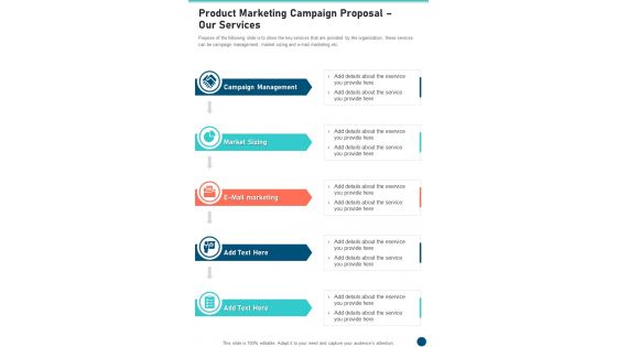 Product Marketing Campaign Proposal Our Services One Pager Sample Example Document