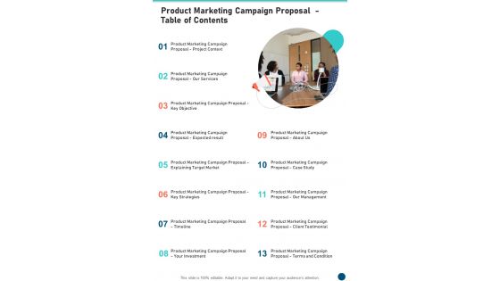 Product Marketing Campaign Proposal Table Of Contents One Pager Sample Example Document