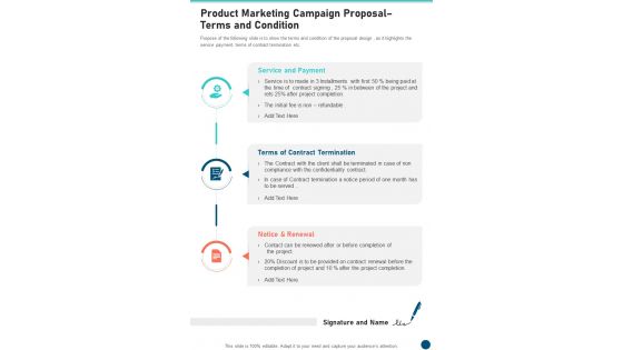 Product Marketing Campaign Proposal Terms And Condition One Pager Sample Example Document