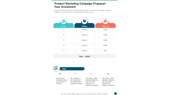 Product Marketing Campaign Proposal Your Investment One Pager Sample Example Document
