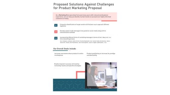 Product Marketing For Proposed Solutions Against Challenges One Pager Sample Example Document