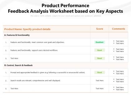Product performance feedback analysis worksheet based on key aspects