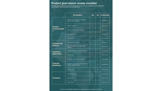 Product Post Launch Review Checklist One Pager Sample Example Document