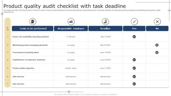 Product Quality Audit Checklist With Task Deadline