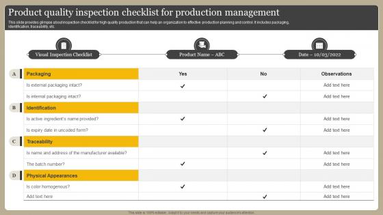 Product Quality Inspection Checklist For Production Management Optimizing Manufacturing Operations