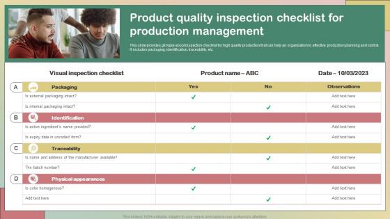 Product Quality Inspection Checklist For Production Quality Management System