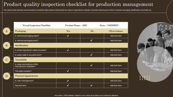 Product Quality Inspection Checklist Production Strategies For Efficient Production Management And Control