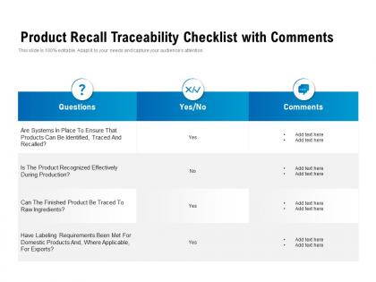 Product recall traceability checklist with comments