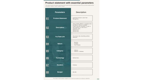 Product Statement With Essential Parameters One Pager Sample Example Document