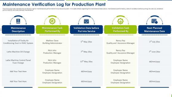 Production Plant Maintenance Management Maintenance Verification Log For Production Plant