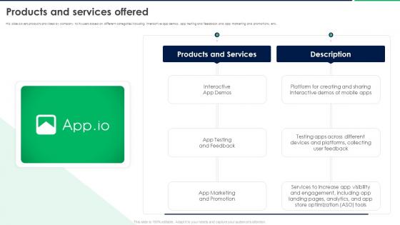 Products And Services Offered App Io Kickfolio Investor Funding Elevator Pitch Deck