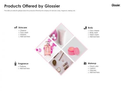 Products offered by glossier glossier investor funding elevator ppt themes